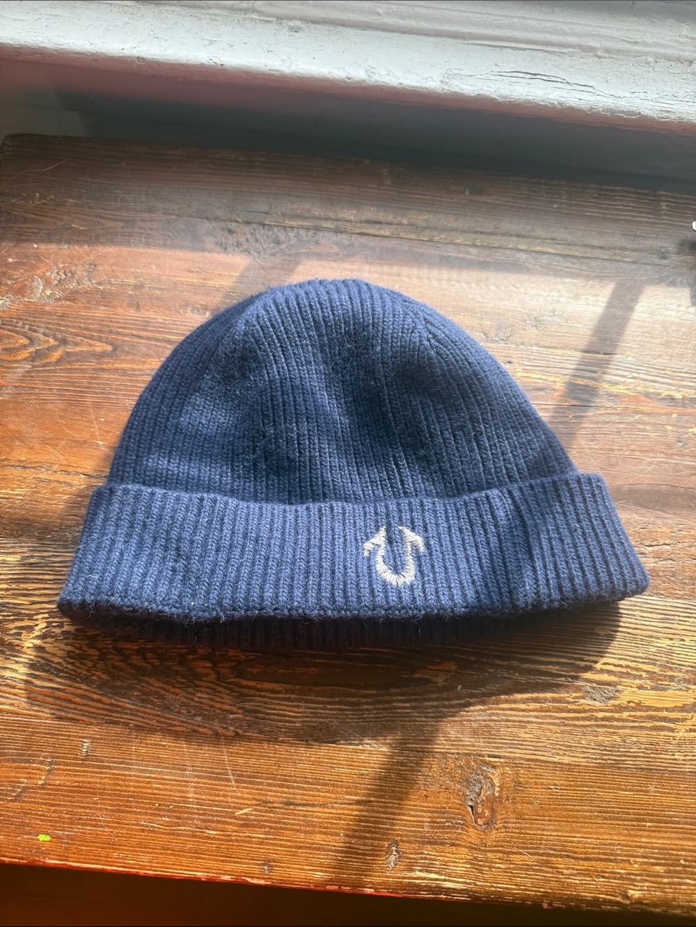 True Religion Navy Ribbed Cuff Beanie with Logo